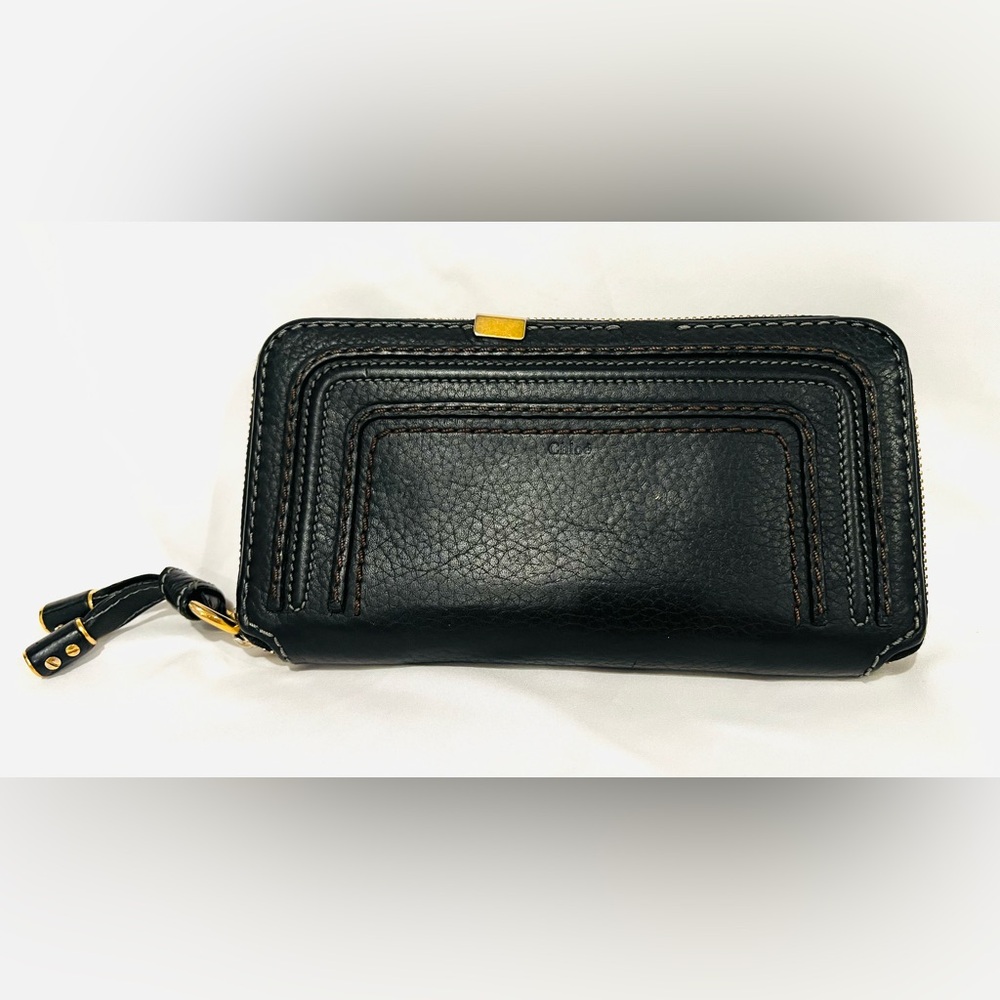 CHLOÉ Grained Calfskin Marcie Long Zip Around Wallet Black